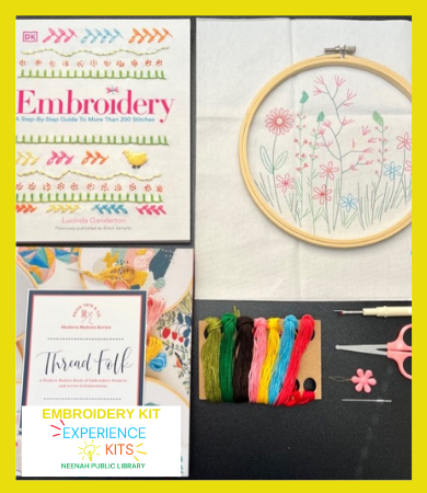 Items in Embroidery Kit including hoop, cloth, sewing needle, and thread.