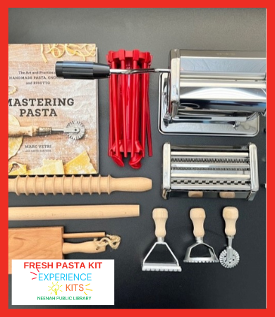 Items in the Fresh Pasta Kit including pasta roller and tools. 