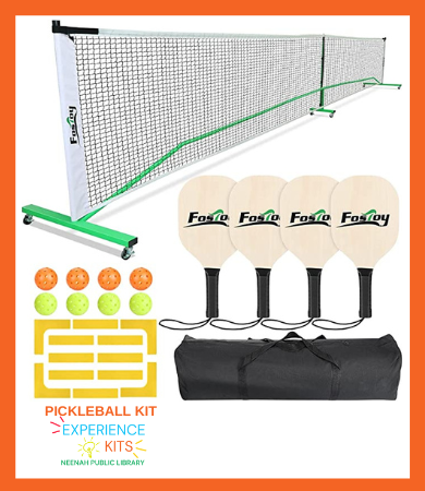 Items in the Pickleball Kit Set including pickleball net, stand, paddles, and balls. 