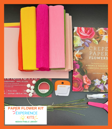 Items in Paper Flower Kit including crepe paper and supplies.
