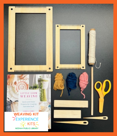 Items in the weaving for beginners kit including a loom, tools, and yarn.