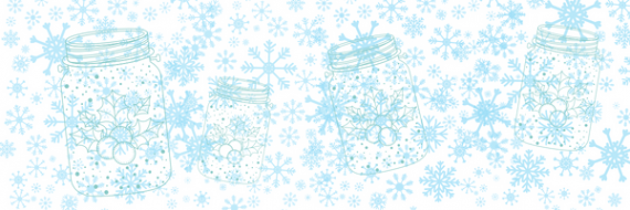 Image of blue snowflakes and mason jars with decorative holly.