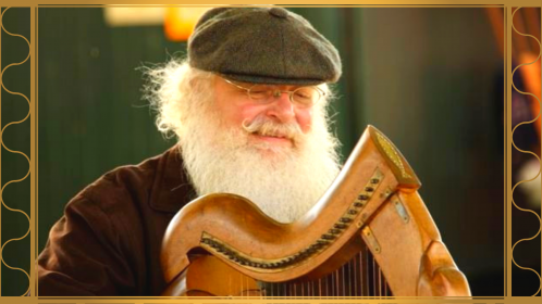 The image is of muscian, Jeff Pockat, playing a Celtic harp.