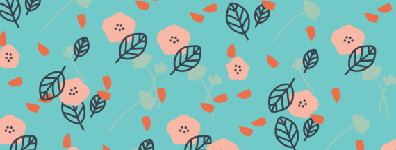 Graphics of Flowers and Leaves on Teal Backround. 